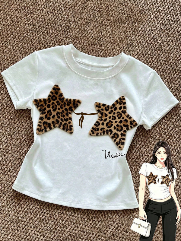 Attitoon Women's Leopard Print Star Patchwork Round Neck Pullover Short Sleeve T-Shirt